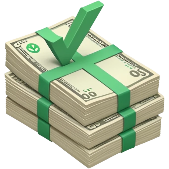stack of bills facing up with green tick in the background emoji