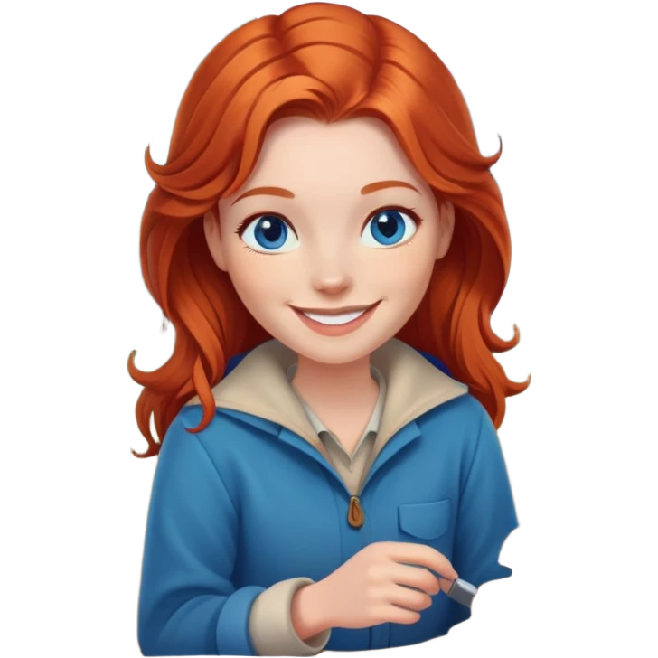Happy Redhead woman with blue eyes beside campfire emoji