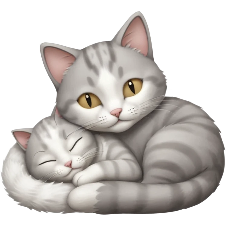 1 grey and white small cat with his eyes closed lying down leaning on his elbow with his paw curled under his head holding it up emoji