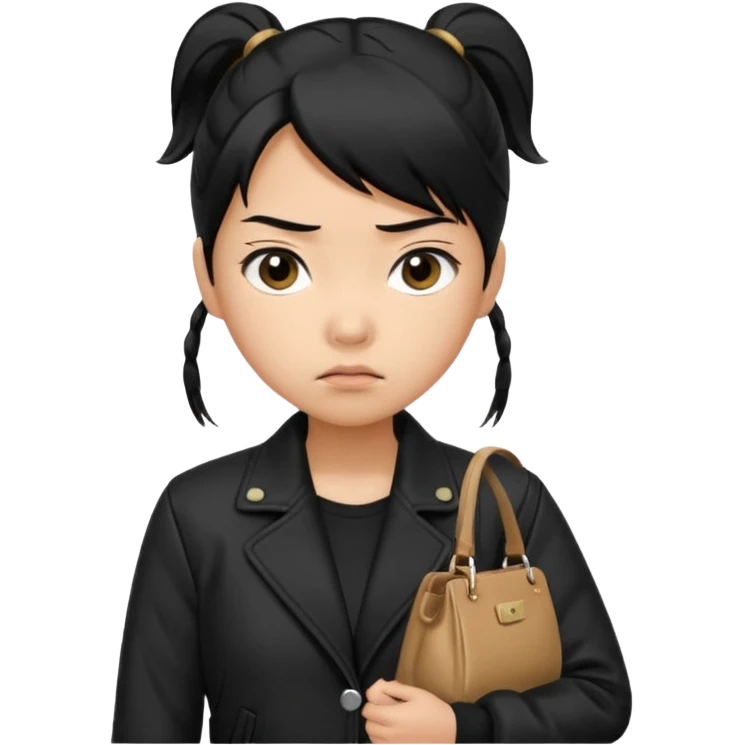 A girl with a pony tail black hair and Asian tan skin, Asian eyes, with a black jacket and a black purse, with an annoyed and confused expression on her face  emoji