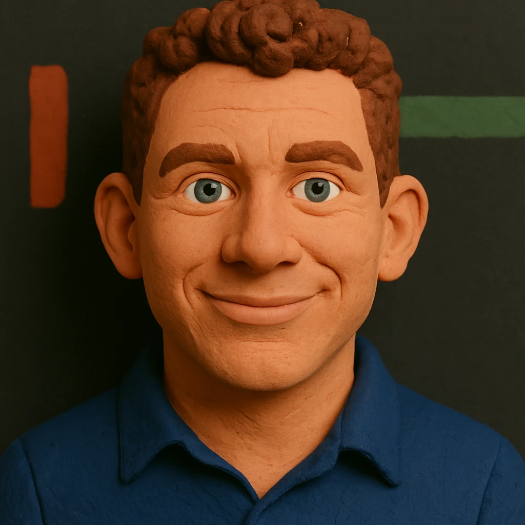 Claymation portrait with a younger face, narrower nose, narrower chin, friendly and confident facial expression, slightly larger forehead, anthracite background, alternative color accents. emoji
