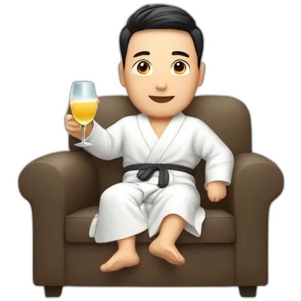 A Korean man in a bathrobe on the sofa with a glass of champagne emoji