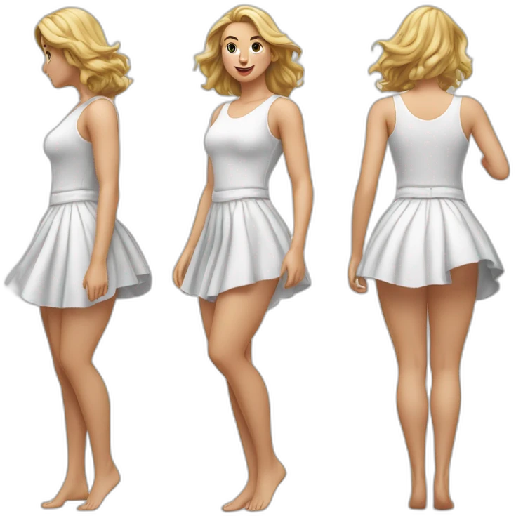 hyperrealistic-full-body-caucasian-curvy-beauty-jumping-small white-skirt-back-and-front-views-strong-wind-knickers emoji