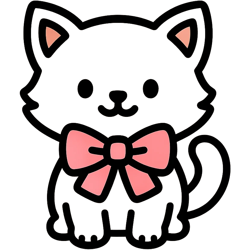 cute fluffy white kitten with a light pink bow, color outline icon style emoji