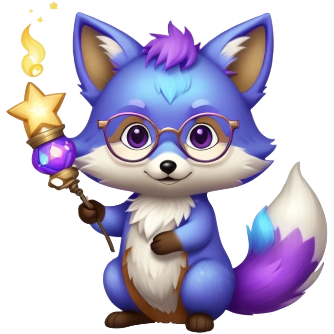 A small magical fox with shimmering purple and blue fur, a glowing fluffy tail, a silver star on its forehead, and round glasses, holding a tiny magical lantern, with heart-shaped eyes, looking in love. 🦊😍 emoji