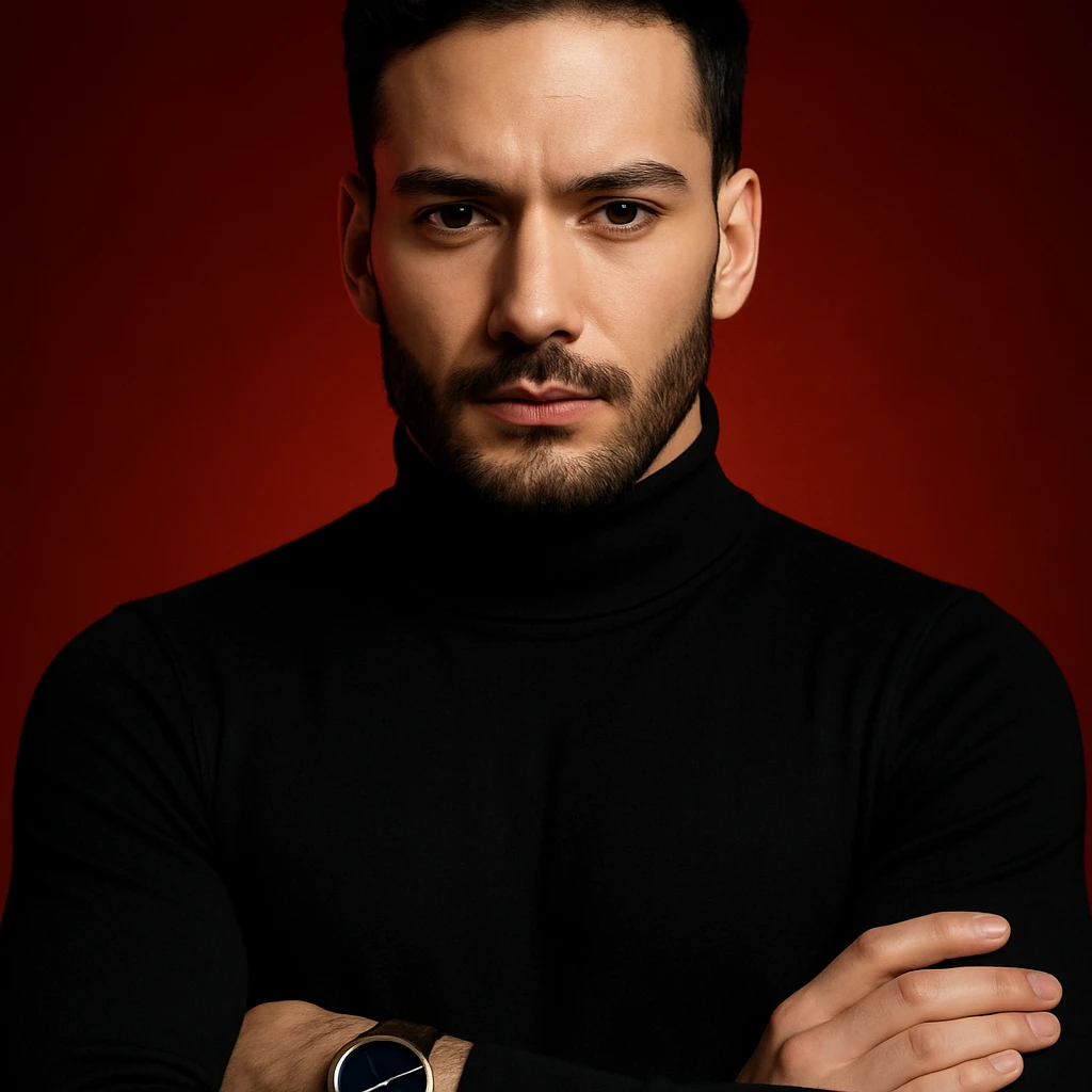 Create an ultra-realistic, high-detail, 4K editorial portrait of the person in the reference image. Emphasize sharp features, flawless fair skin, sleek black hair, and a black turtleneck. The person has arms crossed and wears a wristwatch with a blue dial and brown strap. The background is a bold red gradient with dramatic cinematic lighting. The composition is symmetrical and minimal. This is variation 7. emoji