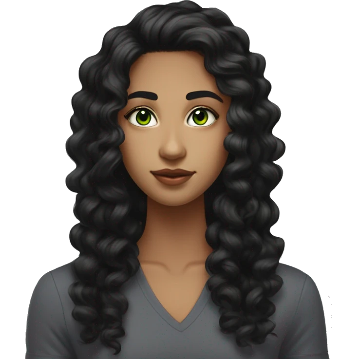 long curly black hair,eyes with a hint of green, eyes positive  canthal tilt ,medium thick shaped eyebrows , and medium thin lips, round face shape, soft jawline, full body, teen, sensual, american emoji
