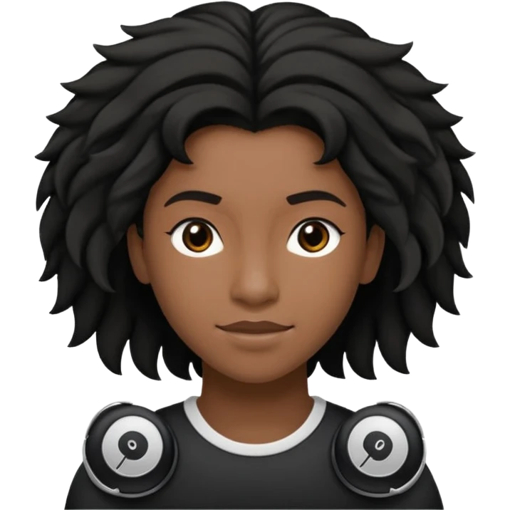 Faça um adolescente de cabelo cacheado   Preto médio sorrindo, com um aparelho dental e fones de ouvido Bluetooth com um moletom branco emoji