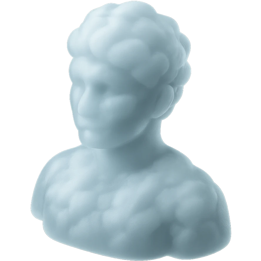 a person from shoulders up, looking straight ahead, fully composed of volumetric clouds, matte glass style emoji