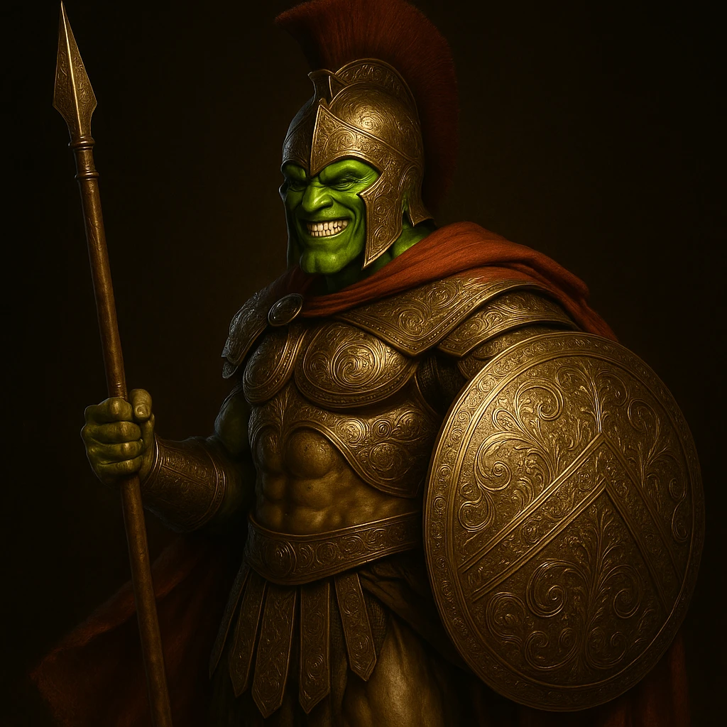Increase the detail of the Spartan armor, adding realistic engravings, metallic shine, and intricate shield patterns, keeping the Mask's look. emoji