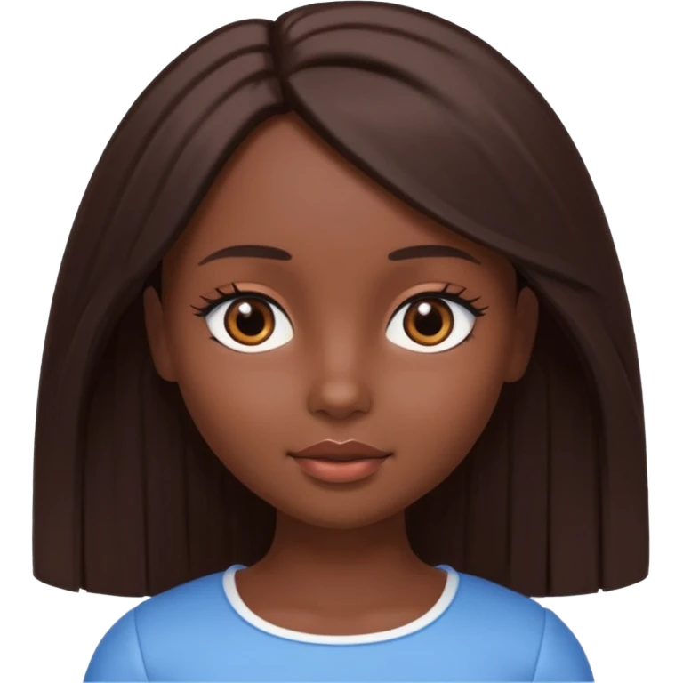 Boneca digital em estilo 3D realista e fofo, semelhante a uma boneca colecionável. Mulher jovem com pele negra, olhos castanhos escuros, cabelo liso cor chocolate, longo e bem alinhado.  emoji