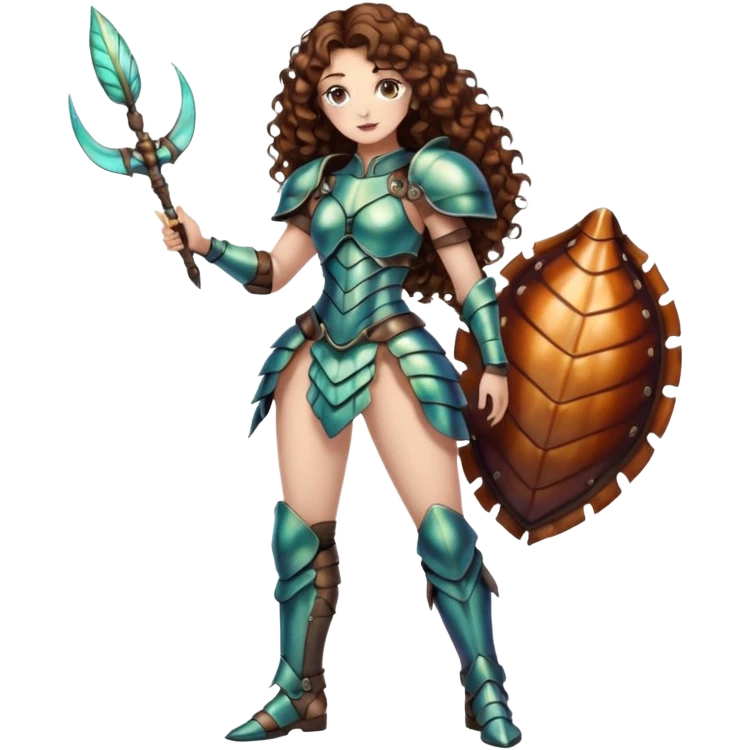 full body woman long curly brown hair brown eyes white skin tattoos beetle shell armor couture, iridescent plates, confident stance emoji