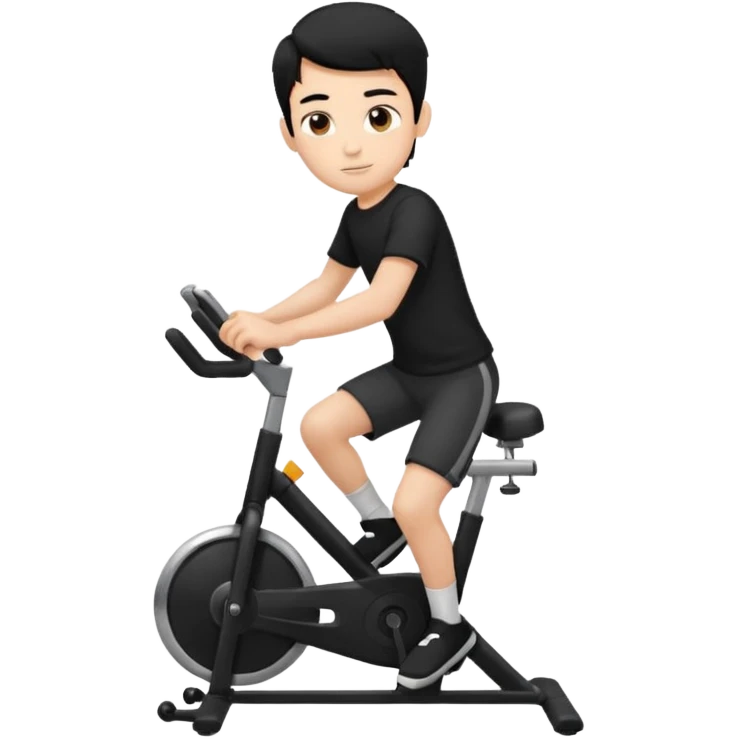 Stationary bike boy riding on it black shirt and black hair emoji
