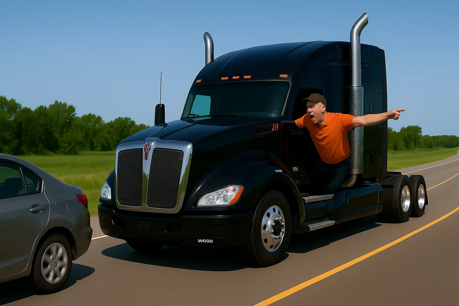 Zoom the scene out even farther, showing more of the road and landscape, with the black Kenworth W680 semi truck featuring a chrome stack, an angry bald driver wearing an orange shirt and baseball cap with his arm out the window, following a car. The scene should remain bright and vibrant. emoji
