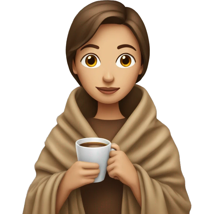 Brown hair lady wearing light brown blanket drinking coffee  emoji
