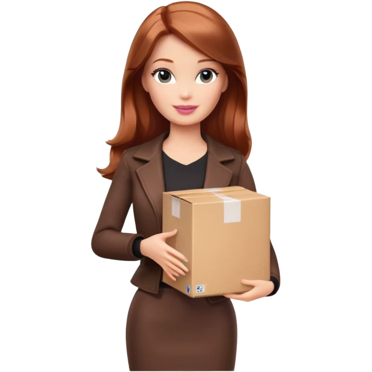 Barbie, shoulder-length reddish-brown hair, holds a package box, Barbie is wearing dark brown colored clothes emoji