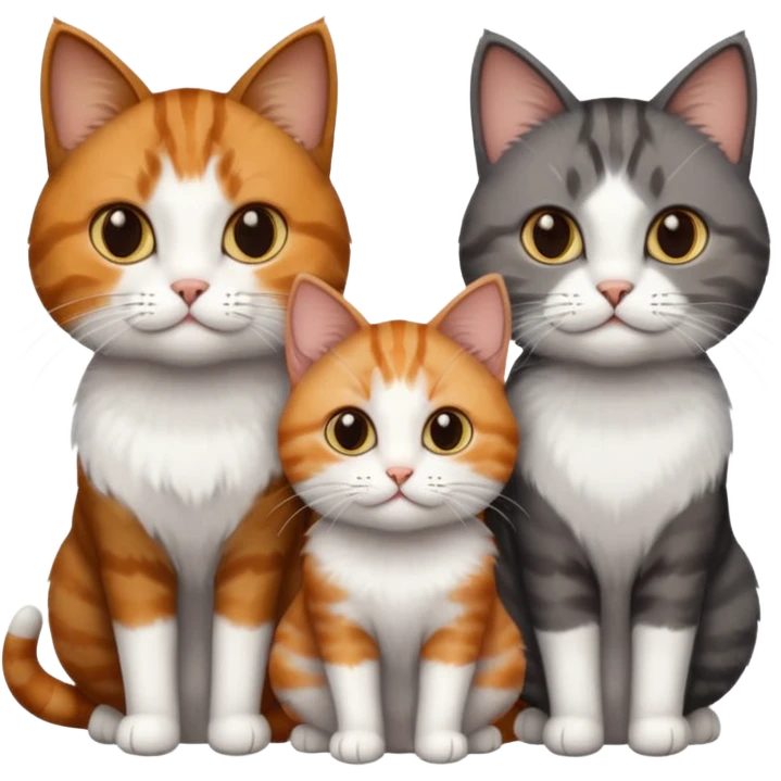 3 different coloured tiny short haired cats, including a dark brown tabby and white cat, and a dark grey and white and a ginger and white emoji