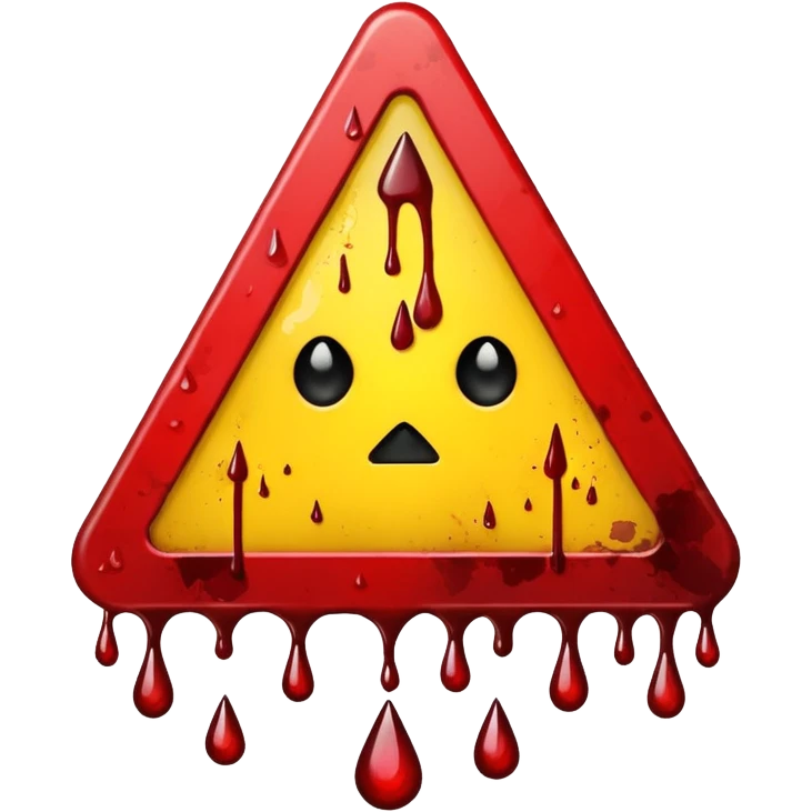 A triangular danger  and a bright yellow background. In the center, a dark red blood splatter spreads outward, with a few drops dripping down the sign. The design gives a wild, intense, and dangerous vibe, as if warning of something violent or hazardous. emoji