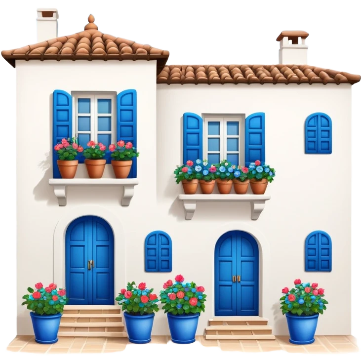 Andalusian-style Spanish house with white walls, blue accents, and flowerpots on windows emoji