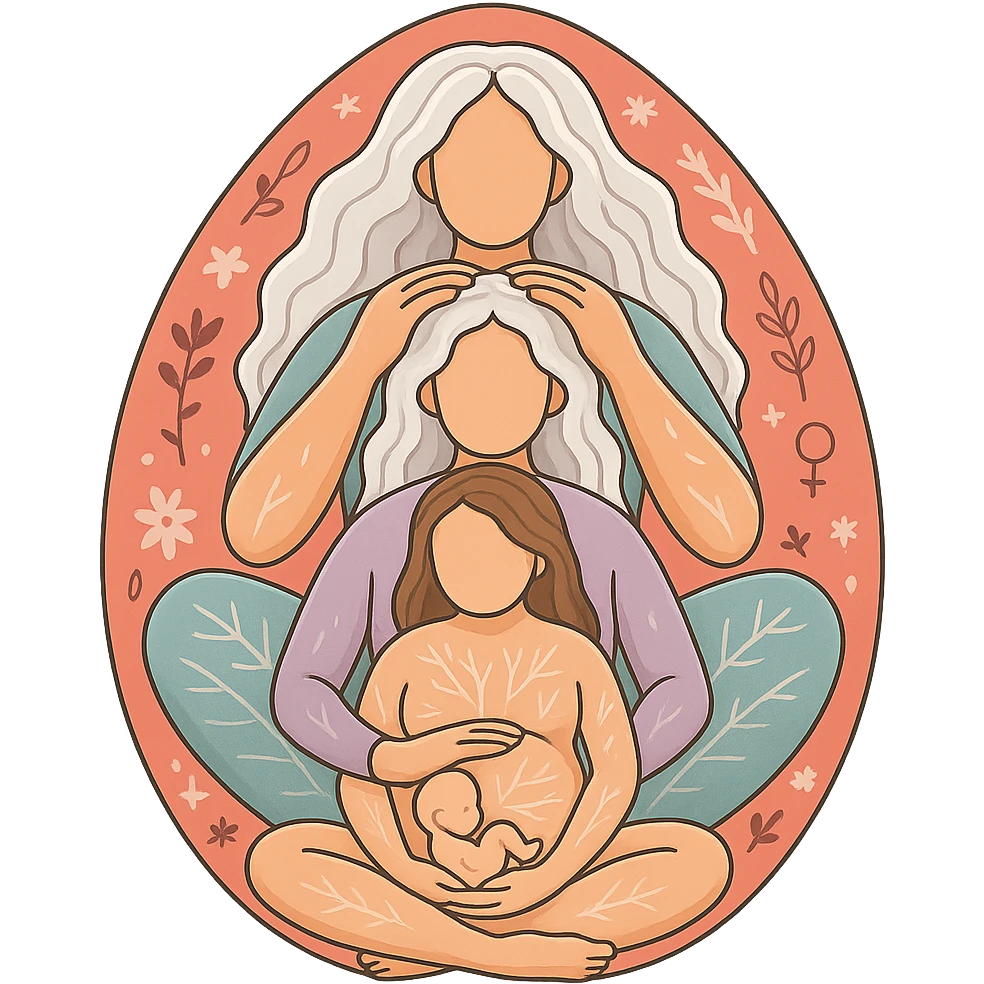 Create a volumetric illustration of several generations of women sitting one behind another as in the reference. The figures should be realistic but without faces, with details, shadows, and highlights. Use thin clean contours and soft rounded shapes in a pastel palette including #98B5BC, #B5B3C1, #C9A3C9, #E4C0CA, #F7DCD1, #F7C0AA. The style should reflect modern Japanese pop-art and sticker aesthetics with soft lighting and a transparent background. emoji