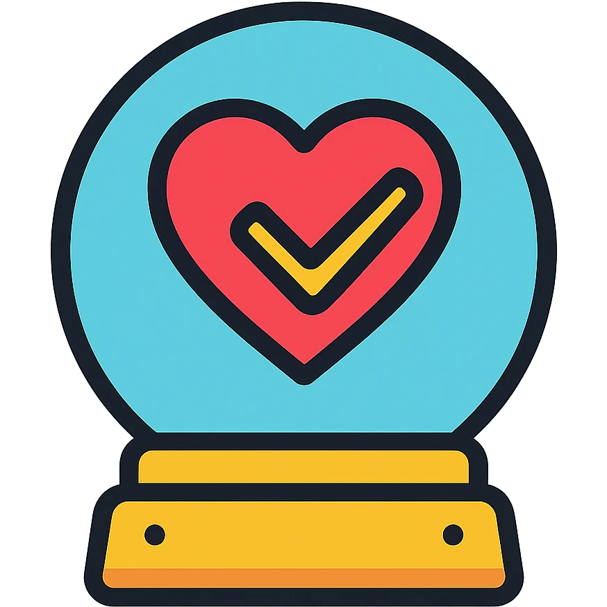 crystal ball icon with a heart and checkmark inside, representing best quality and affordable healthcare, modern icon style, clean lines, subtle color highlights emoji