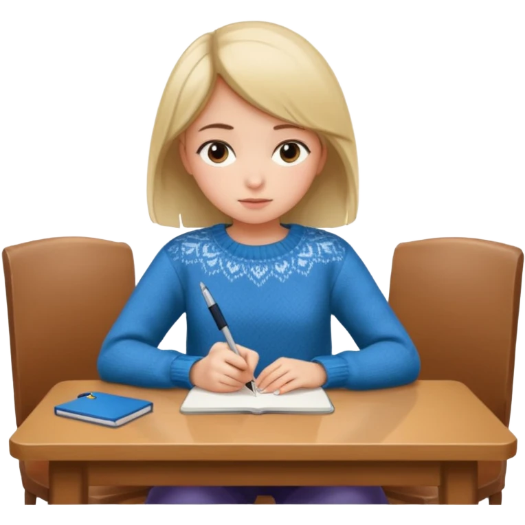 девушка сидит спиной к нам за столом и пишет emoji