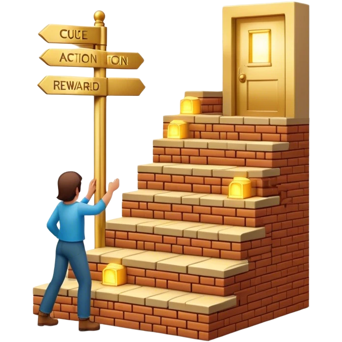 represents the habit formation process with a person stacking bricks to build a staircase, a signpost labeled "Cue → Action → Reward", and a glowing golden door at the top symbolizing success and transformation. Let me know if you need any tweaks! 🚀 emoji