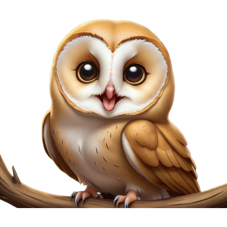 Cinematic Cute Yawning Barn Owl Portrait Emoji, Head tilted slightly with a dramatic, wide-open yawn, showcasing a soft, mottled plumage with subtle brown accents and gently drooping feathers, round amber eyes barely open in drowsy contentment, Simplified yet irresistibly adorable features, highly detailed, glowing with a soft, cozy glow, high shine, relaxed yet expressive, stylized with a touch of nocturnal whimsy, bright and endearing, soft glowing outline, capturing the essence of a sleepy yet affectionate owl, so drowsy it feels like it could glide out of the screen and curl up for a nap! emoji