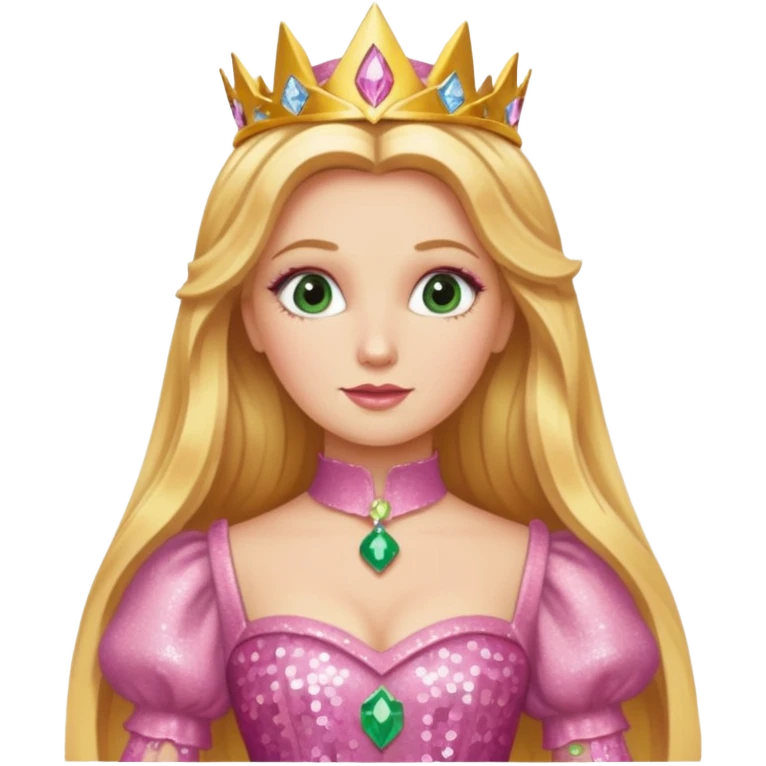 Glinda from The Wizard of Oz with long golden blonde hair, pink sequin outfit emoji