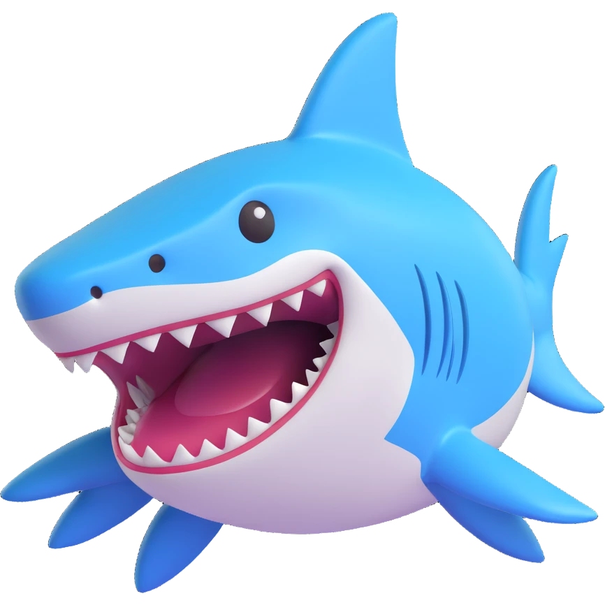 3D rendered shark emoji, smooth and shiny, big smile emoji