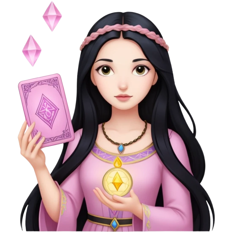 long black hair girl with light pink tarot cards emoji