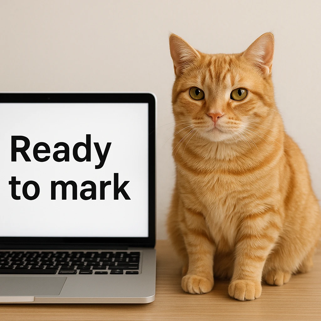 A cat sitting next to a computer with the inscription 'Ready to mark' emoji