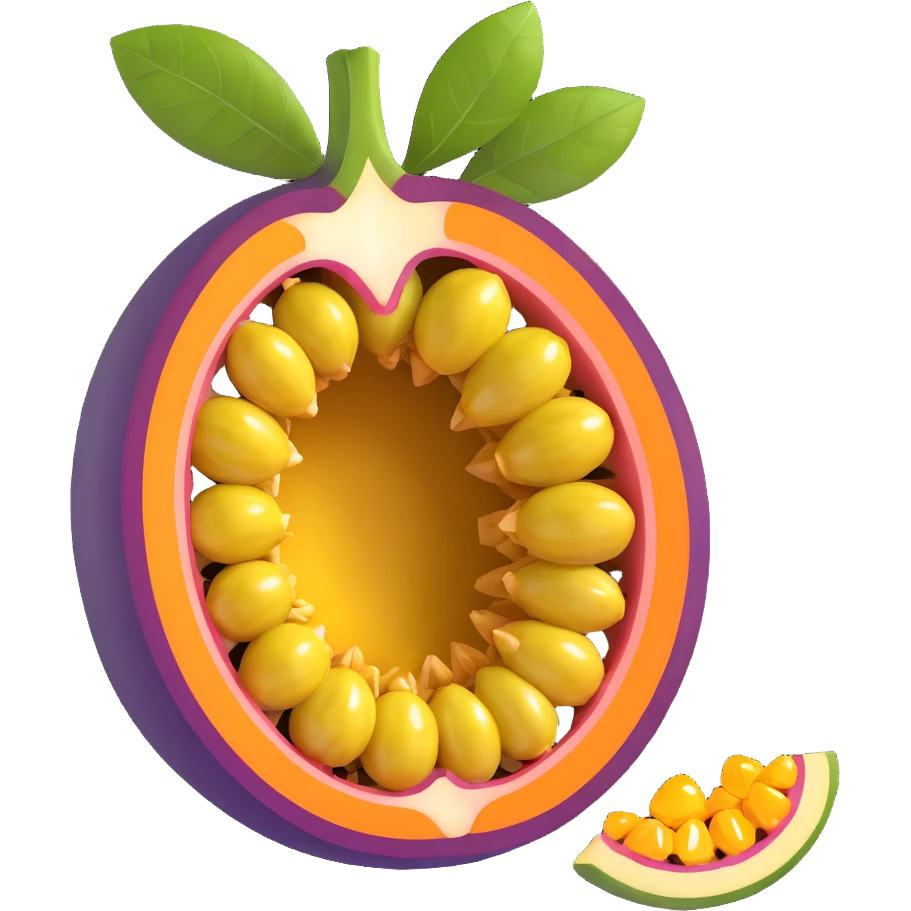 a fresh passion fruit, purple, cut open to show seeds, vibrant and juicy emoji