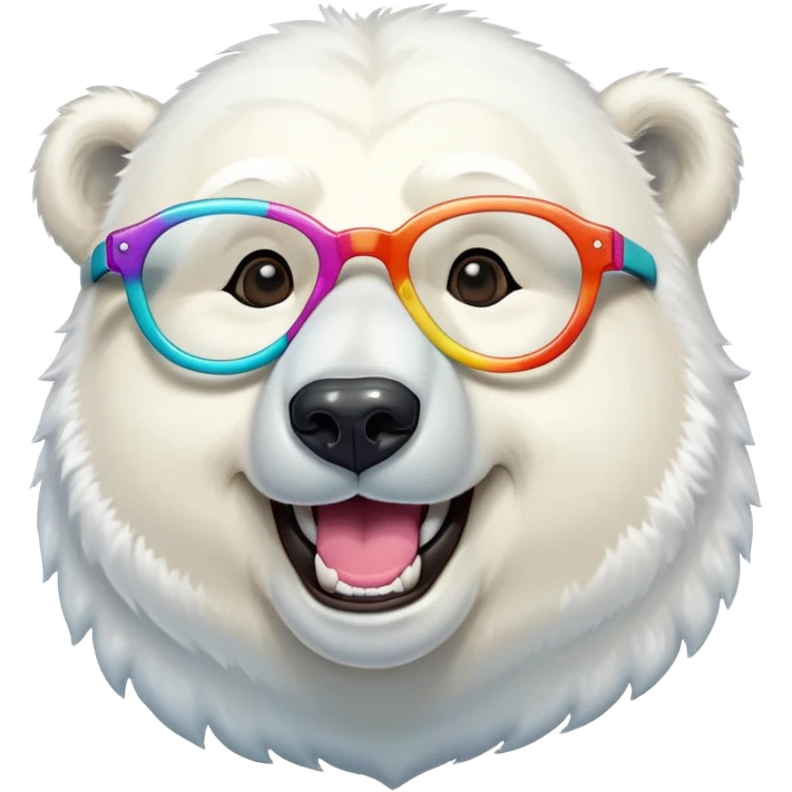 laughing polar bear headshot wearing large multicolored extravagant glasses emoji