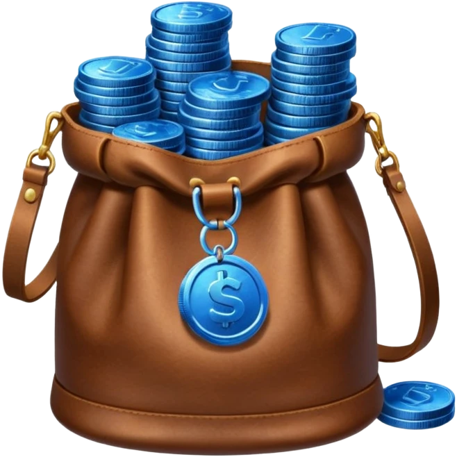 leather bag on top of blue coins stack emoji