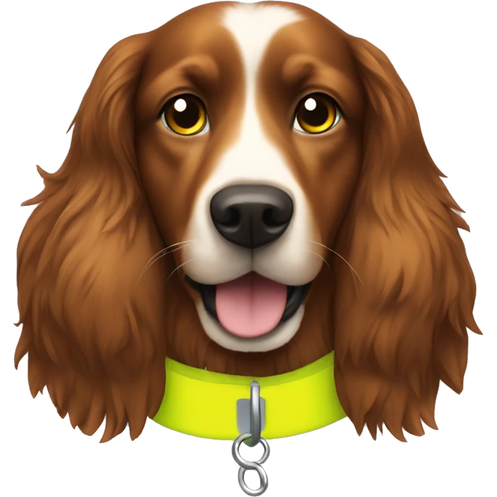 chestnut brown long haired dog with high vis yellow collar  emoji