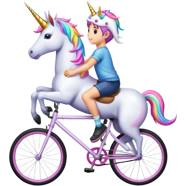 Boy riding a bike on back wheel with unicorn on Head emoji