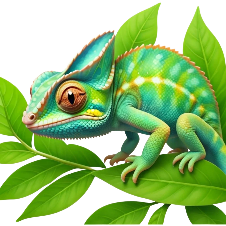 cinematic cute-smiling baby chameleon-realistic emoji,-blending-with-vibrant-greenery.-detailed-scales-in-shifting-colors,-showing-the-chameleon’s-ability-to-camouflage.-soft-natural-light-highlights-its-texture.-nature-background, zoomed into its face emoji
