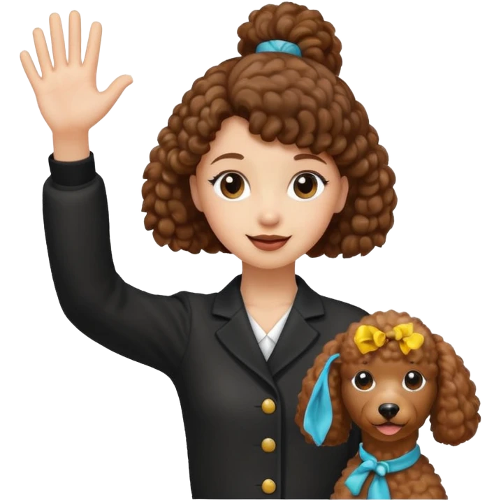 Brown poodle waving hand with pony tail girl emoji