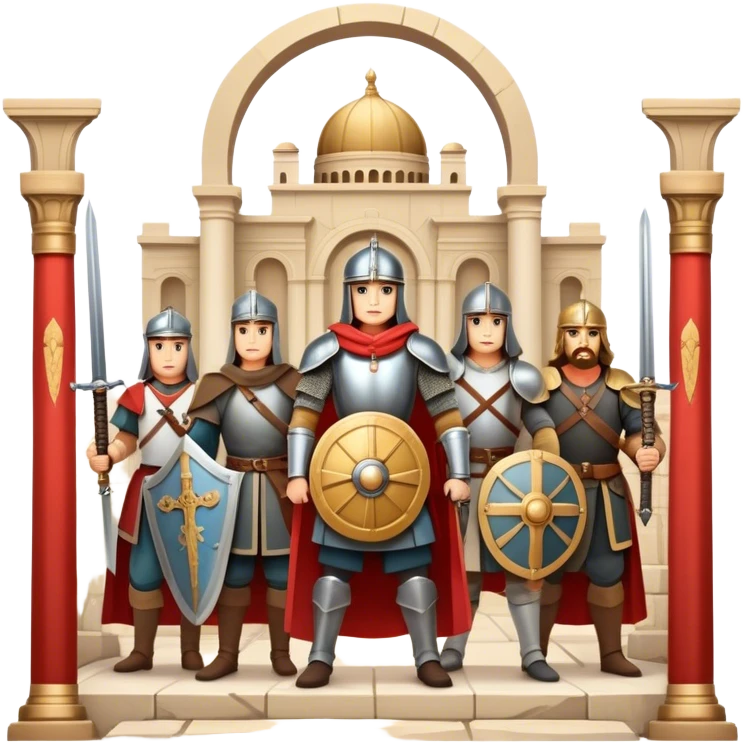 Icon for Historical Movies: A vintage movie poster-style design with elements of ancient architecture, historical figures in period costumes, and a backdrop of a historical event or battle. Include scrolls, swords, and shields. Retro cinematic feel. Transparent background. emoji