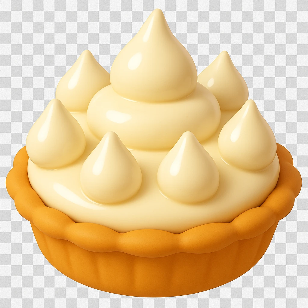 Frame 7 of 15: Cream pie with six cream droplets, playful 3D emoji style, golden brown crust, same angle as reference emoji