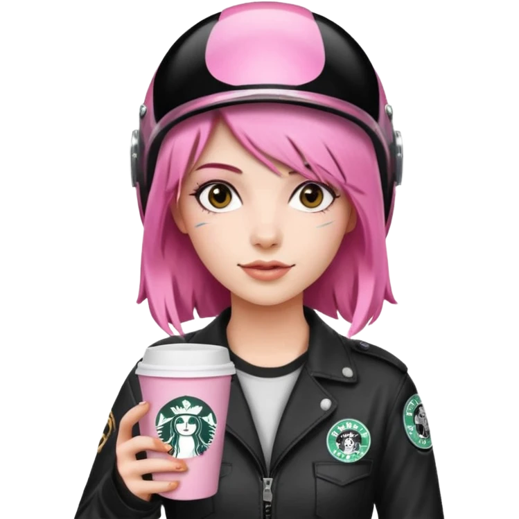 сделай молодую девушку с розовыми волосами, накрашенную красиво, с стаканчиком кофе из старбакса и в каске  emoji