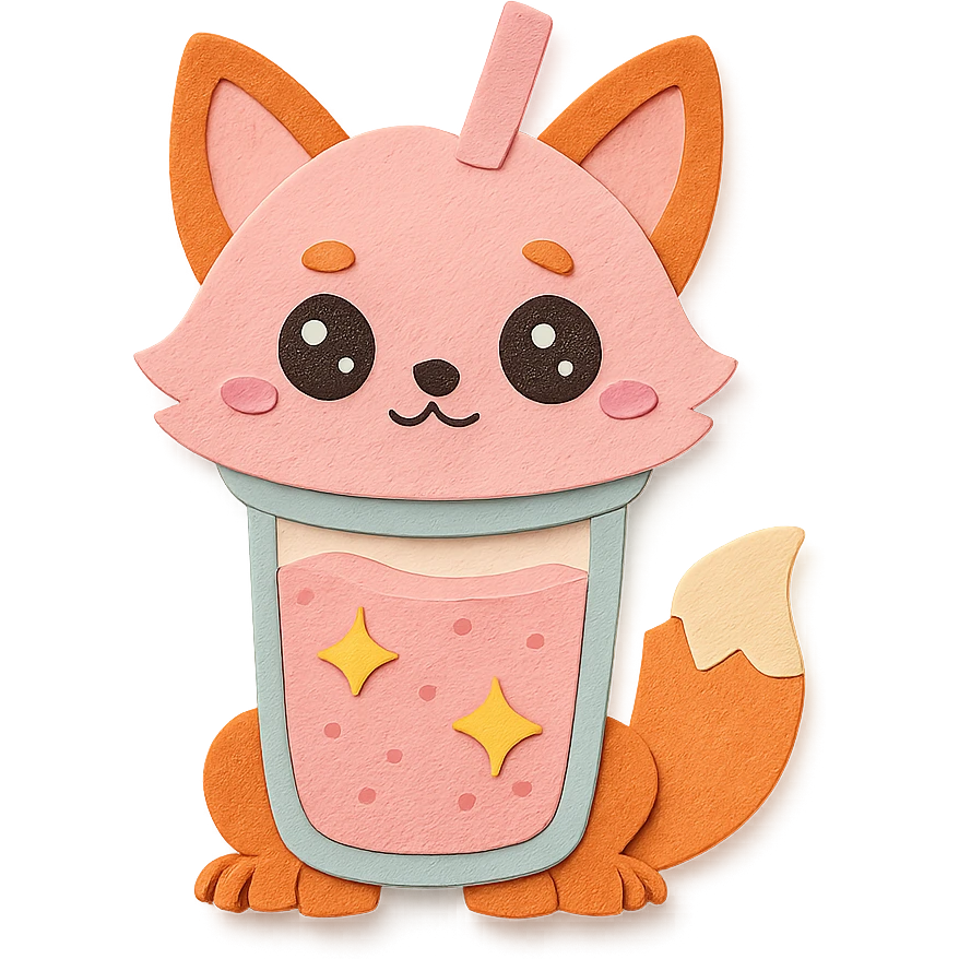 full-body chibi blender-fox hybrid with transparent body filled with smoothie, sparkling eyes, pastel pink, paper craft style emoji