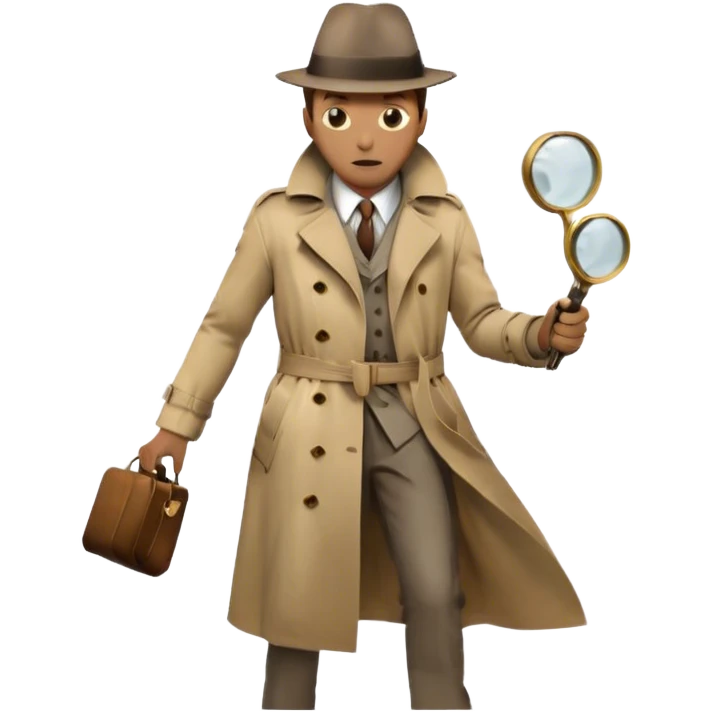 Icon for Detective Movie: A vintage movie poster-style design of a mysterious detective in a trench coat, holding a magnifying glass. Include dark alleyways, fog, and shadowy figures. The design should evoke a classic noir detective story with retro cinematic typography. Transparent background. emoji