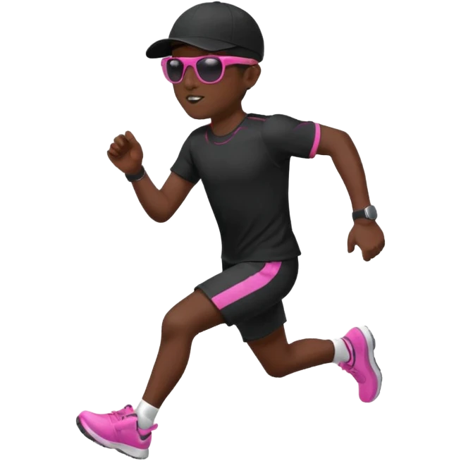 Un uomo che corre vestito completamente di nero, con un cappellino nero, occhiali da sole da bambino rosa emoji