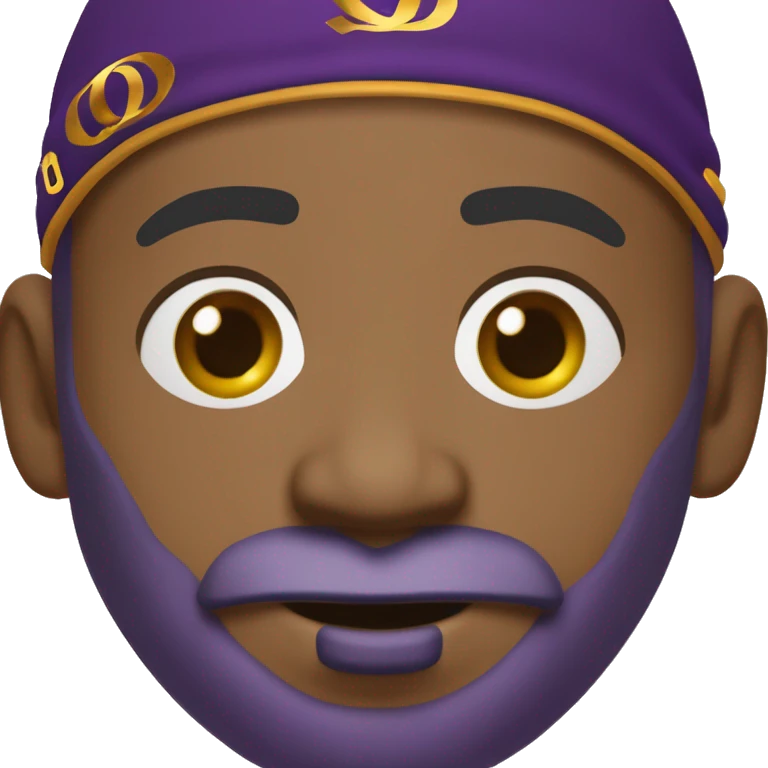 Omega psi phi man wearing a purple and gold letter man jacket a black durag in his head brown skinned black full beard and attractive add a gold hoop nose ring in left nostril emoji