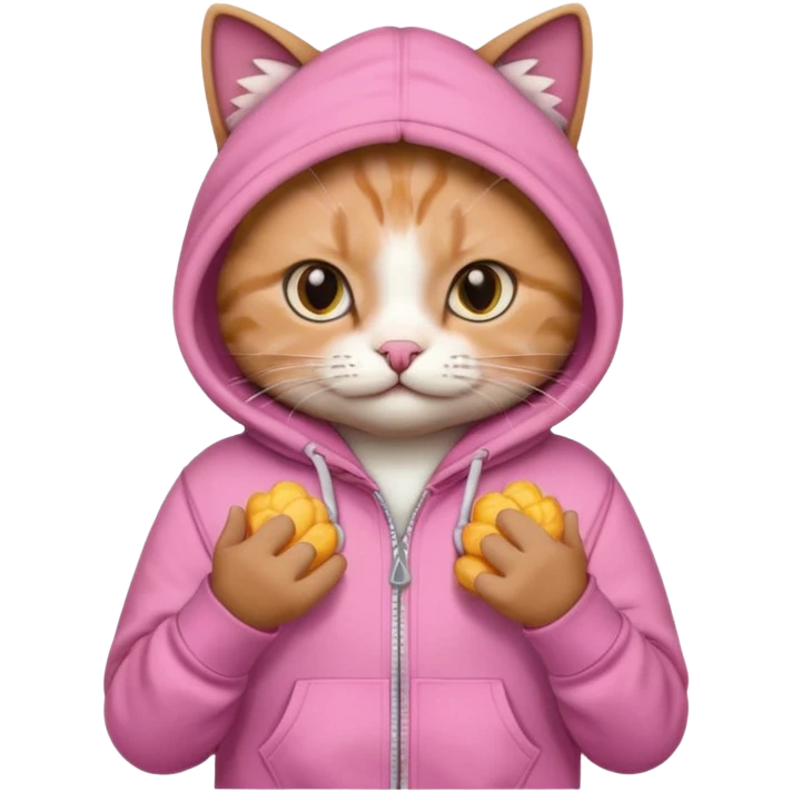 A cat wearing a pink palm puff hoodie emoji