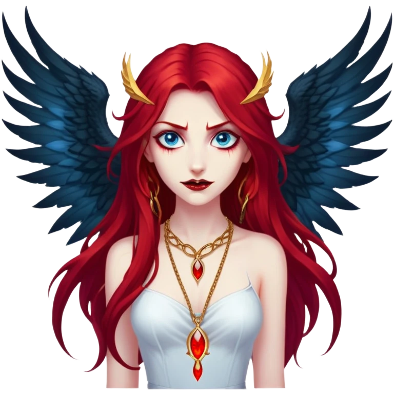 extremely diabolical girl with massive towering wings, very long flowing blood red hair, glowing blue eyes, black hellfire aura, no horns, evil grin, gold necklace emoji