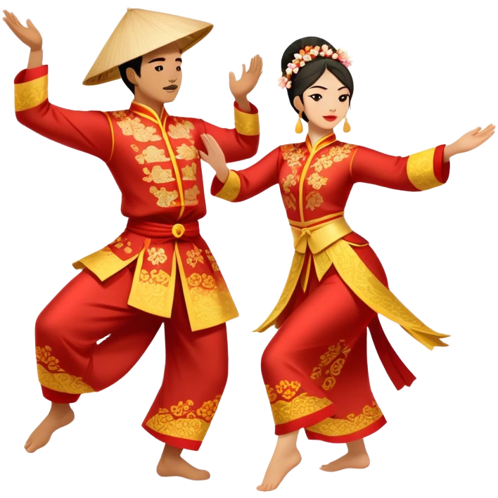Cinematic Realistic scene of two performers executing a traditional Vietnamese folk dance, adorned in intricately patterned traditional costumes, captured in fluid motion with soft, culturally rich lighting emoji