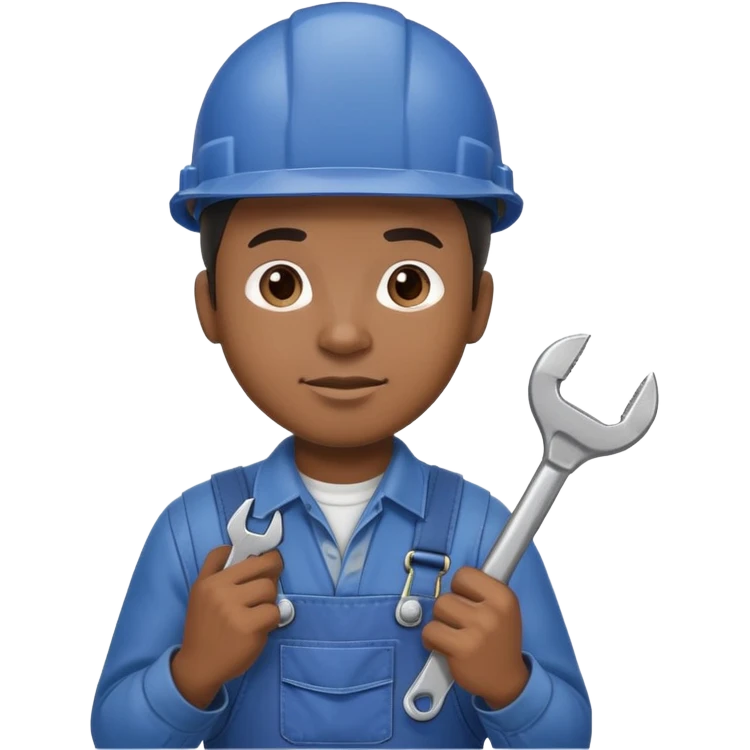Black male factory worker wearing hard hat and overalls holding wrench emoji